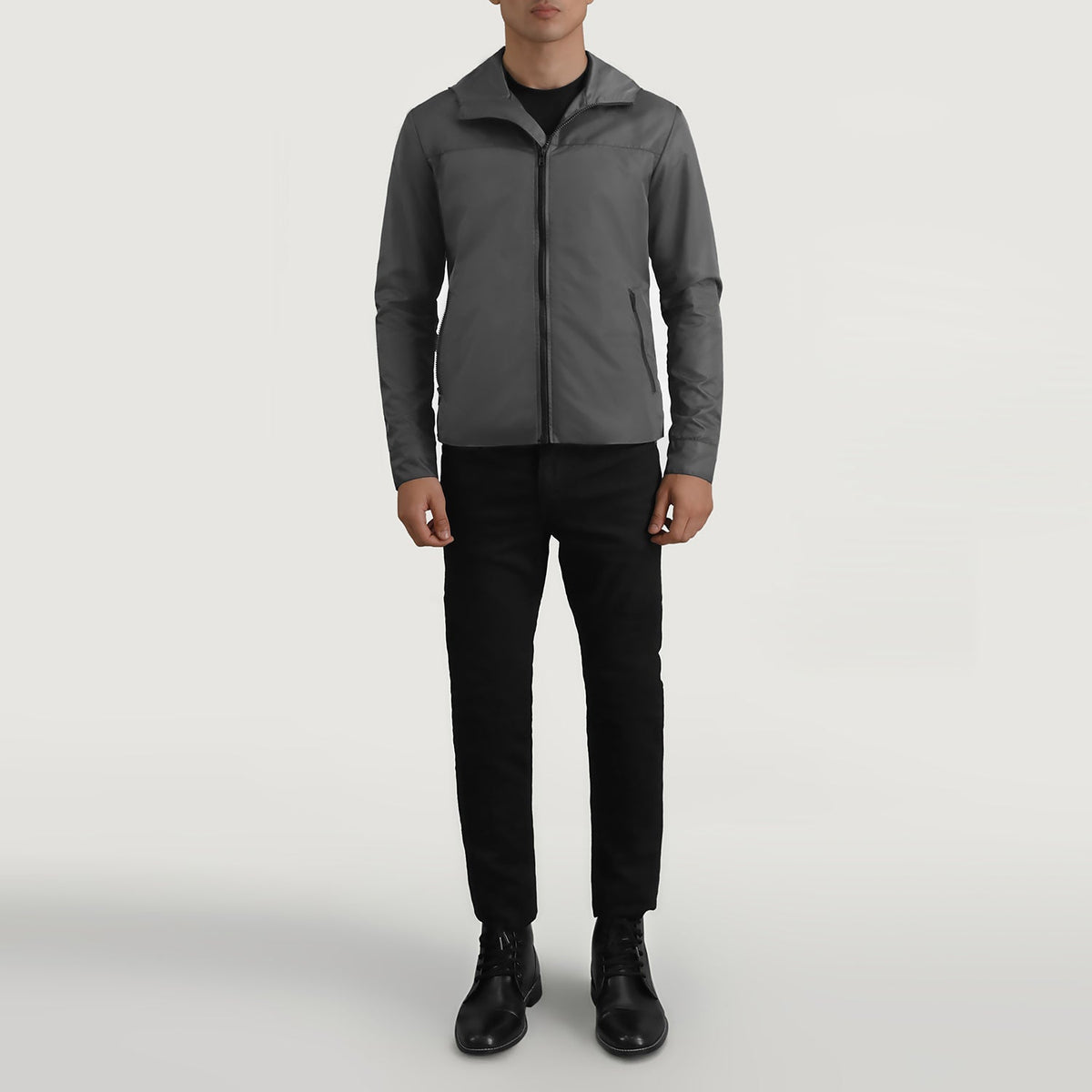 
Wesley Grey Hooded Windbreaker 가죽 자켓 남성용 - 입체 소매 커팅과 슬림 테이퍼드 핏을 보여주는 측면 뷰
