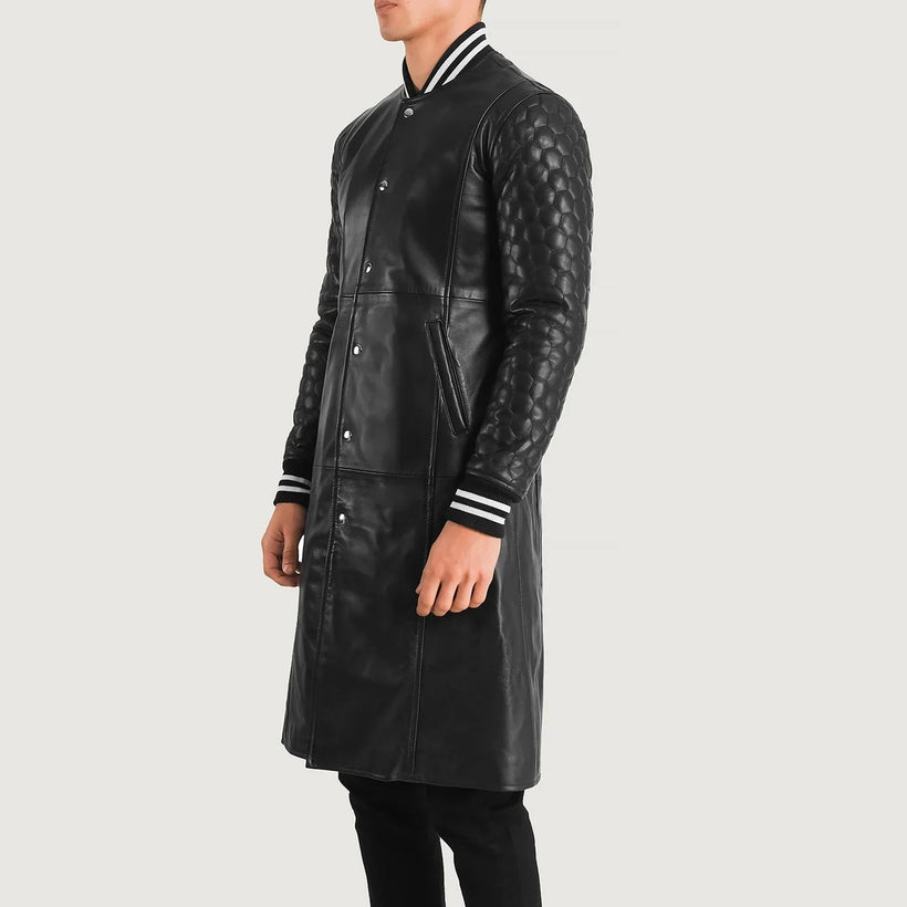 Wilde 블랙 Leather Varsity 가죽 롱 코트 남성용