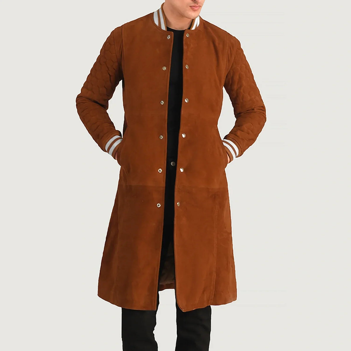Wilde 브라운 Suede Varsity 가죽 롱 코트 남성용 in Tan Bown Goatskin Suede - Front Profile View &amp; Tailored Silhouette | Buy Online