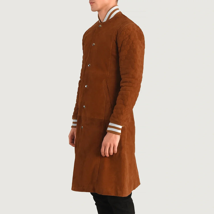 Wilde 브라운 Suede Varsity 가죽 롱 코트 남성용