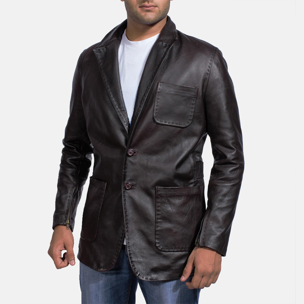 Men's Wine 블랙 가죽 테일러드 블레이저 남성용 in Dark Brown Cow Hide Leather - Front Profile View &amp; Tailored Silhouette | Buy Online