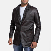 Men's Wine 블랙 가죽 테일러드 블레이저 남성용 in Dark Brown Cow Hide Leather - Front Profile View &amp; Tailored Silhouette | Buy Online