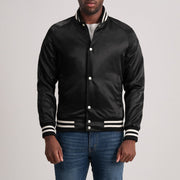 Xander 블랙 Varsity 가죽 자켓 남성용 in Black Satin - Front Profile View &amp; Tailored Silhouette | Buy Online