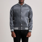 Xander Grey Varsity 가죽 자켓 남성용 in Grey Satin - Front Profile View &amp; Tailored Silhouette | Buy Online