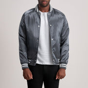 Xander Grey Varsity 가죽 자켓 남성용 - Lateral Side Profile View Showing Sleeve Cut &amp; Athletic Taper Fit