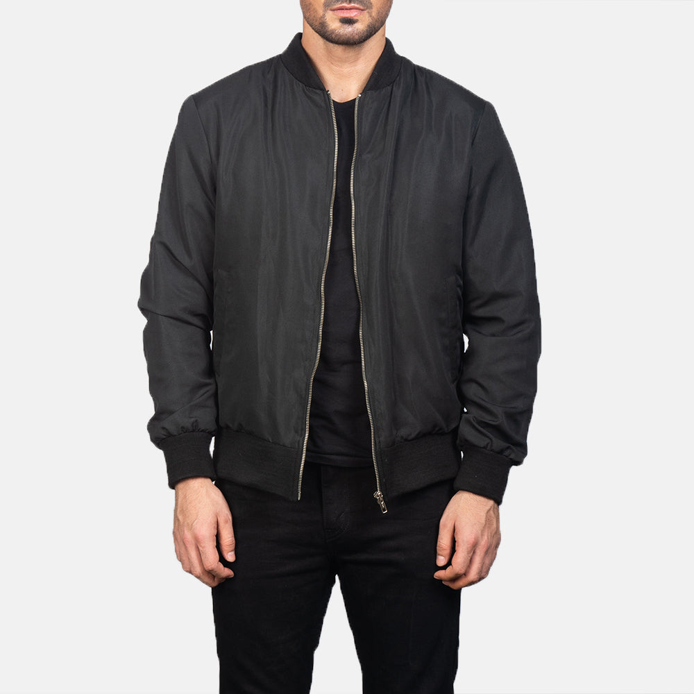 Men's Zack 블랙 가죽 봄버 자켓 남성용 in Black Polyester - Front Profile View &amp; Tailored Silhouette | Buy Online