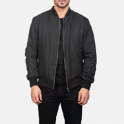 Men's Zack 블랙 가죽 봄버 자켓 남성용 in Black Polyester - Front Profile View &amp; Tailored Silhouette | Buy Online