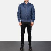 Men's Zack Blue 가죽 봄버 자켓 남성용 - Lateral Side Profile View Showing Sleeve Cut &amp; Athletic Taper Fit
