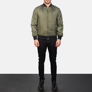 Men's Zack Green 가죽 봄버 자켓 남성용 - Lateral Side Profile View Showing Sleeve Cut &amp; Athletic Taper Fit