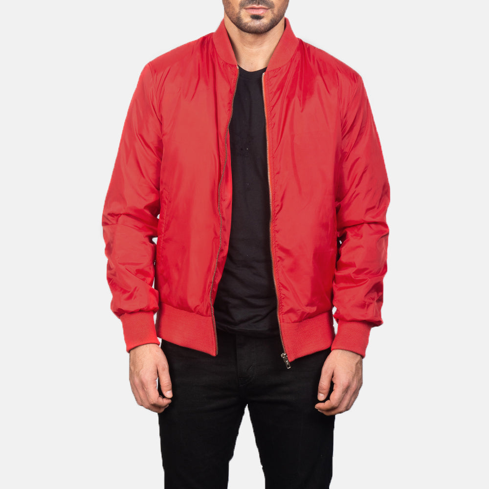 Men's Zack Red 가죽 봄버 자켓 남성용 in Red Nylon - Front Profile View &amp; Tailored Silhouette | Buy Online