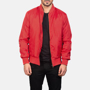 Men's Zack Red 가죽 봄버 자켓 남성용 in Red Nylon - Front Profile View &amp; Tailored Silhouette | Buy Online