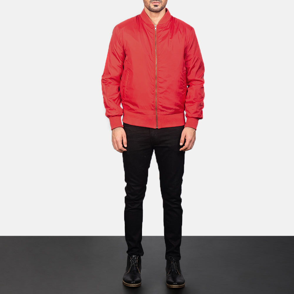 Men's Zack Red 가죽 봄버 자켓 남성용 - Lateral Side Profile View Showing Sleeve Cut &amp; Athletic Taper Fit