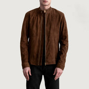 Zen 브라운 Suede 가죽 라이더 자켓 남성용 in Brown Goatskin Suede - Front Profile View &amp; Tailored Silhouette | Buy Online