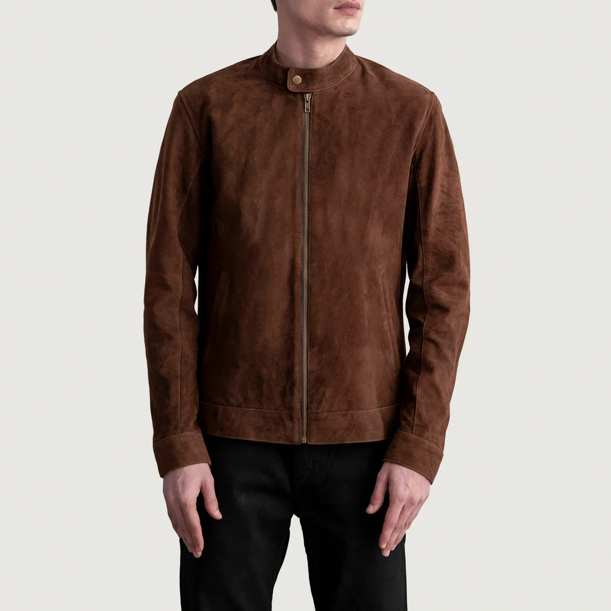 Zen 브라운 Suede 가죽 라이더 자켓 남성용 - Lateral Side Profile View Showing Sleeve Cut &amp; Athletic Taper Fit