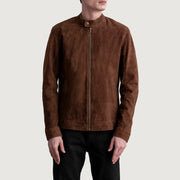 Zen 브라운 Suede 가죽 라이더 자켓 남성용 - Lateral Side Profile View Showing Sleeve Cut &amp; Athletic Taper Fit