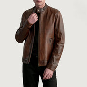 Zen Distressed 브라운 가죽 라이더 자켓 남성용 in Distressed Brown Sheepskin Leather - Front Profile View &amp; Tailored Silhouette | Buy Online