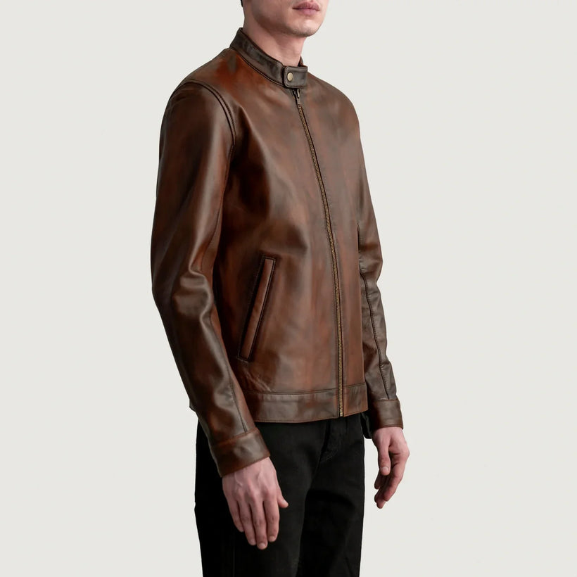 Zen Distressed 브라운 가죽 라이더 자켓 남성용