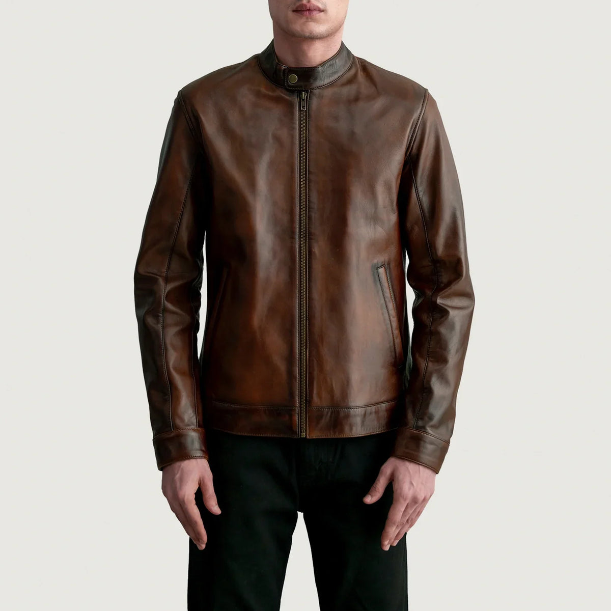 Zen Distressed 브라운 가죽 라이더 자켓 남성용 - Lateral Side Profile View Showing Sleeve Cut &amp; Athletic Taper Fit