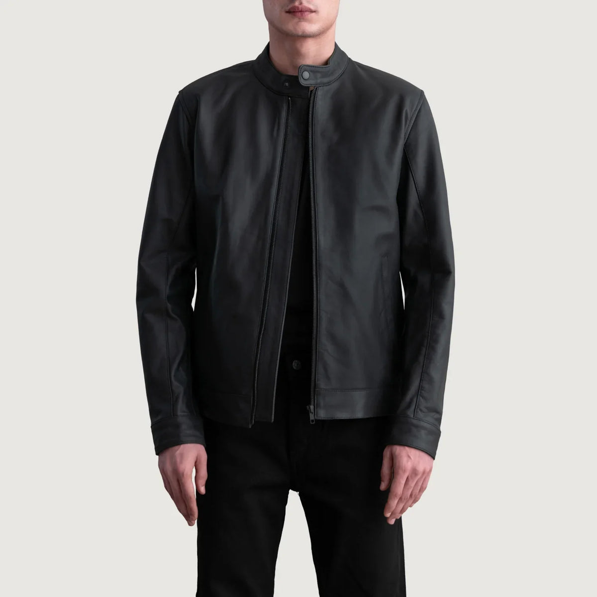Zen Matte 블랙 가죽 라이더 자켓 남성용 in Matte Black Cowhide Leather - Front Profile View &amp; Tailored Silhouette | Buy Online