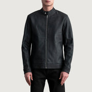 Zen Tumbled 블랙 가죽 라이더 자켓 남성용 in Tumbled Black Sheepskin Leather - Front Profile View &amp; Tailored Silhouette | Buy Online