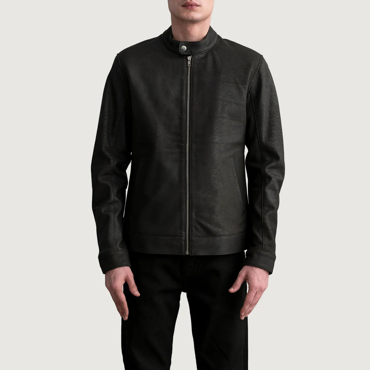Zen Tumbled 브라운 가죽 라이더 자켓 남성용 - Lateral Side Profile View Showing Sleeve Cut &amp; Athletic Taper Fit