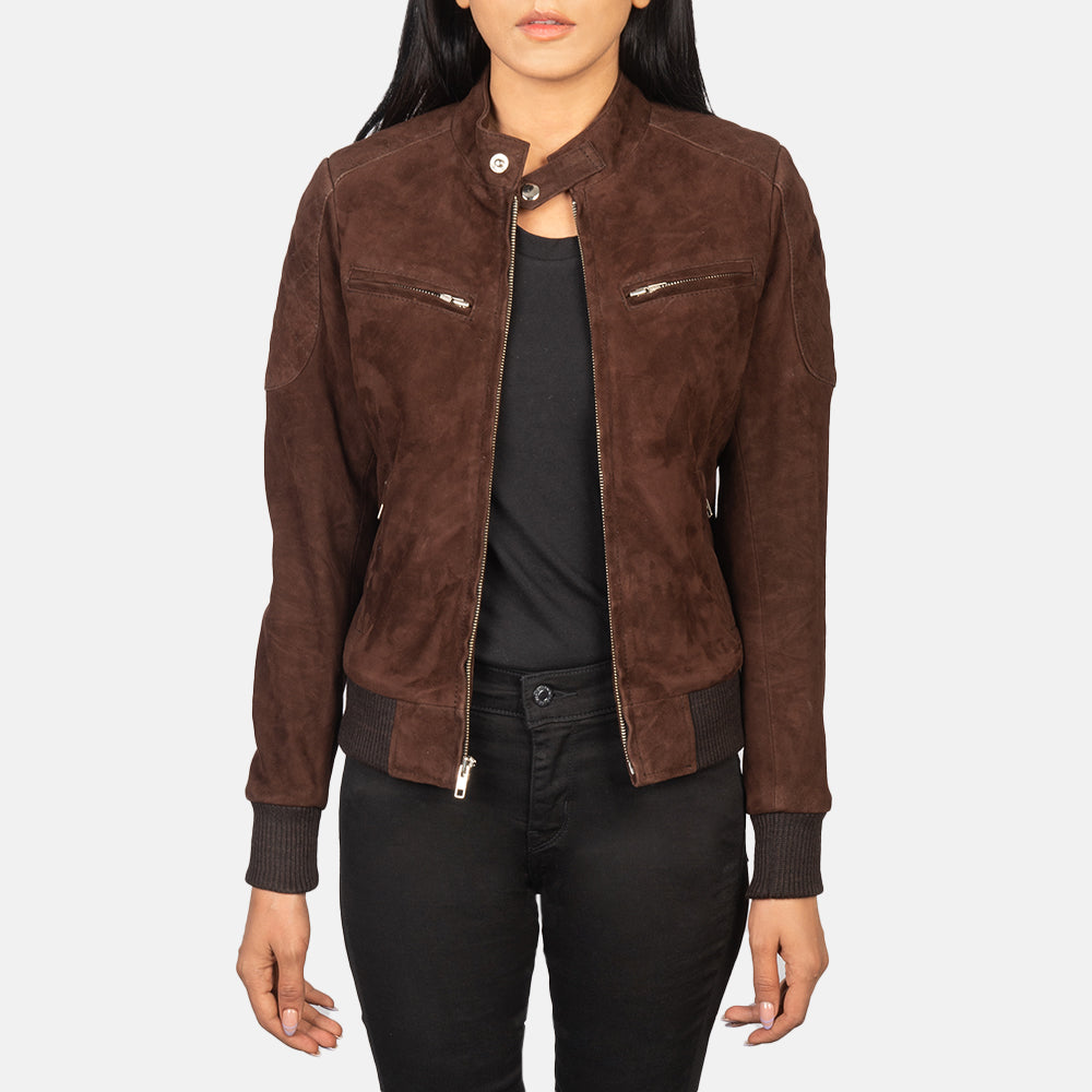 
Zenna Mocha Suede Bomber Jacket in Brown Goat Suede - 정면 스타일 및 테일러드 실루엣 | 공식 온라인 스토어 구매