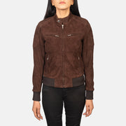 
클로즈업 상세 of Band with Snap Button & Zipper Hardware on Zenna Mocha Suede Bomber Jacket
